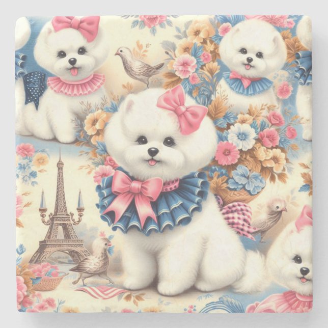 Cute Bichon Frisé Seamless Stone Coaster (Front)