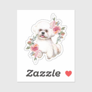 Cute Bichon Frise with Flowers Watercolor Art