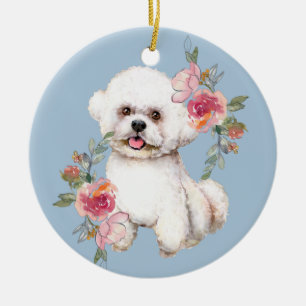 Cute Bichon Frise with Flowers Watercolor Art Clas Ceramic Ornament