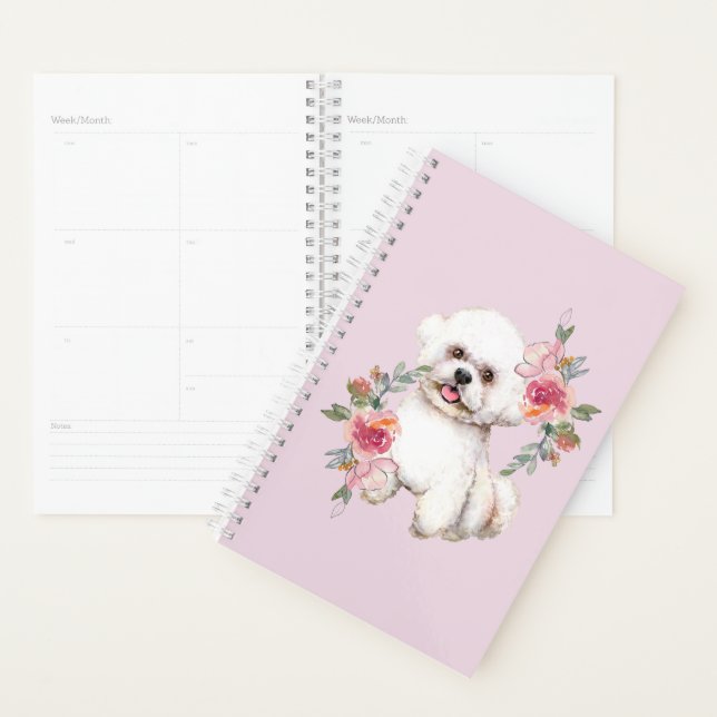 Cute Bichon Frise with Flowers Watercolor Art Planner (Display)