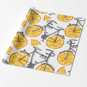 Cute bicycles with orange wheels. Watercolor hand Wrapping Paper