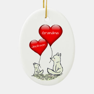 Cute Big and Small Fox with Red Hearts Ceramic Ornament