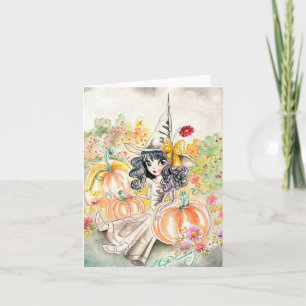 Cute Big Eye Halloween Witch in Pumpkin Patch Card