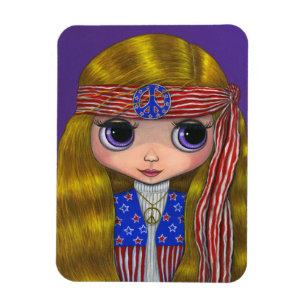 Cute Big Eye Hippie Girl Stars and Stripes 1960s Magnet