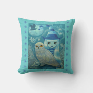 Cute Big Eye Striped Witch with Snowy Owl & Moon Cushion