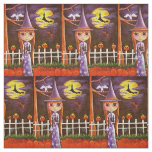 Cute Big Eye Witch Doll Girl Black Cat Halloween Fabric