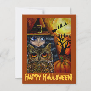 Cute Big Eye Witch & Owl Whimsical Halloween Invitation