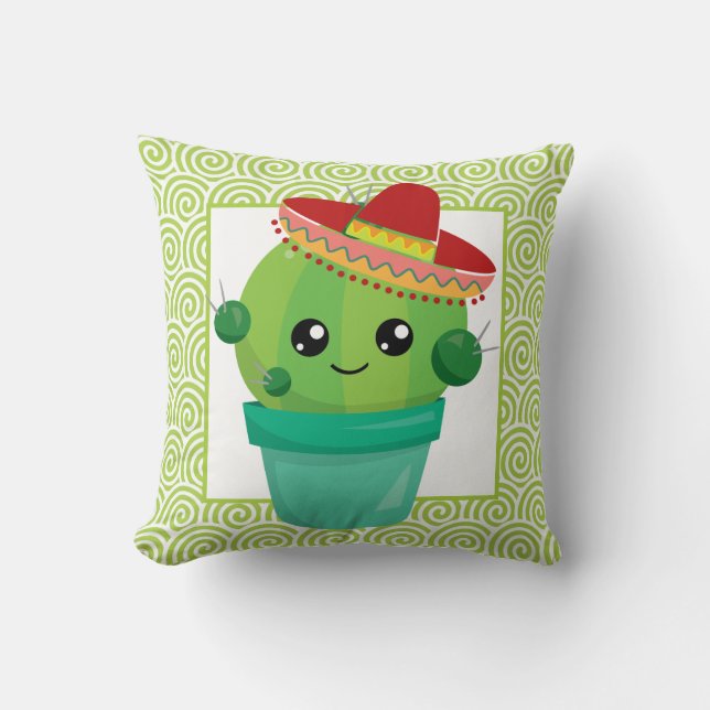 Cute Big-Eyed Cactus in Red Sombrero Cushion (Front)