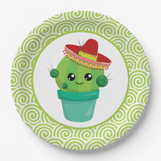 Cute Big-Eyed Cactus in Red Sombrero Paper Plate (Front)