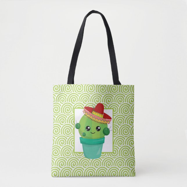 Cute Big-Eyed Cactus in Red Sombrero Tote Bag (Front)
