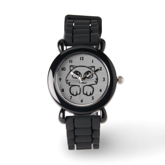 Cute  Big Eyed Cat Peeking Silver Watch (Front)