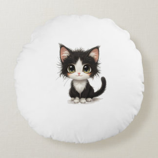 Cute Big‑Eyed Kitten – Chibi Black & White Cat Round Cushion