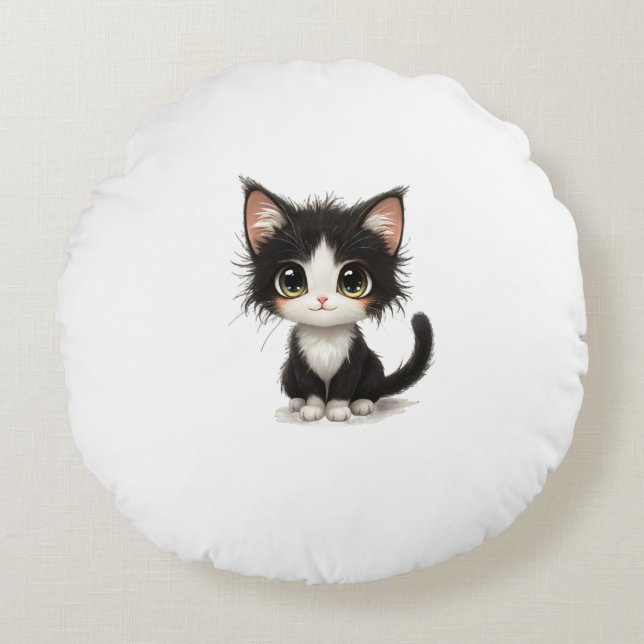 Cute Big‑Eyed Kitten – Chibi Black & White Cat Round Cushion (Front)
