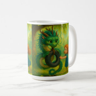 Cute Big Eyed Oriental Dragon and Girl Fantasy Art Coffee Mug
