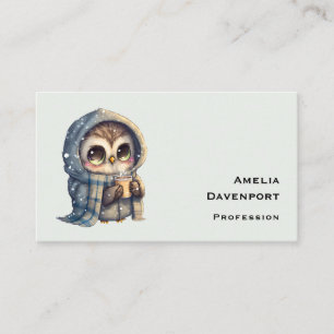 Cute Big-Eyed Owl Holding a Coffee Business Card