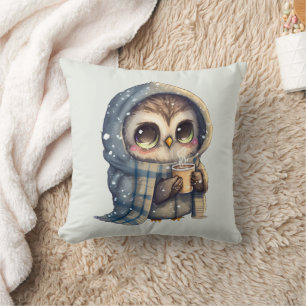 Cute Big-Eyed Owl Holding a Coffee Cushion