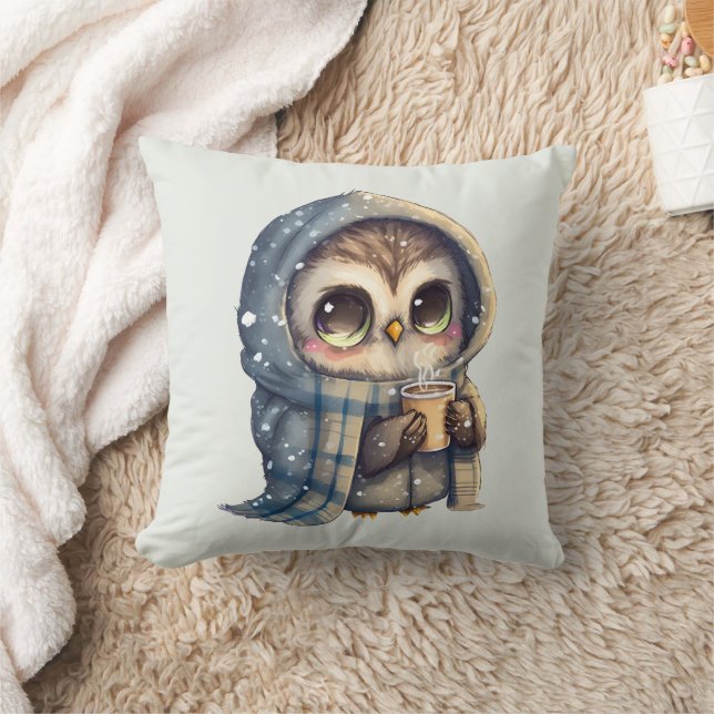 Cute Big-Eyed Owl Holding a Coffee Cushion (Blanket)