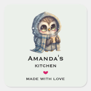 Cute Big-Eyed Owl Holding a Coffee Kitchen Square Sticker