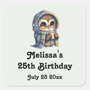 Cute Big-Eyed Owl Holding a Coffee Party Date Square Sticker