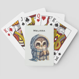Cute Big-Eyed Owl Holding a Coffee Playing Cards