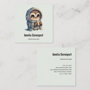 Cute Big-Eyed Owl Holding a Coffee Square Business Card