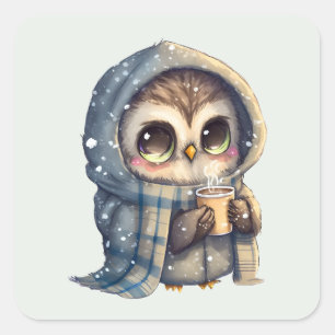 Cute Big-Eyed Owl Holding a Coffee Square Sticker