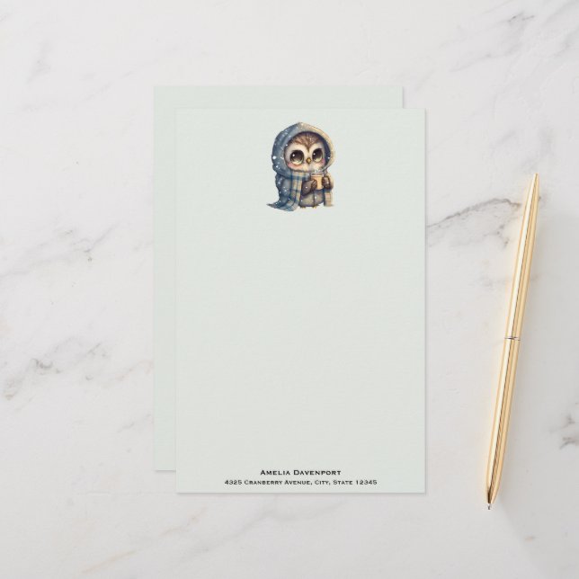 Cute Big-Eyed Owl Holding a Coffee Stationery (Front/Back In Situ)