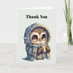 Cute Big-Eyed Owl Holding a Coffee Thank You Card