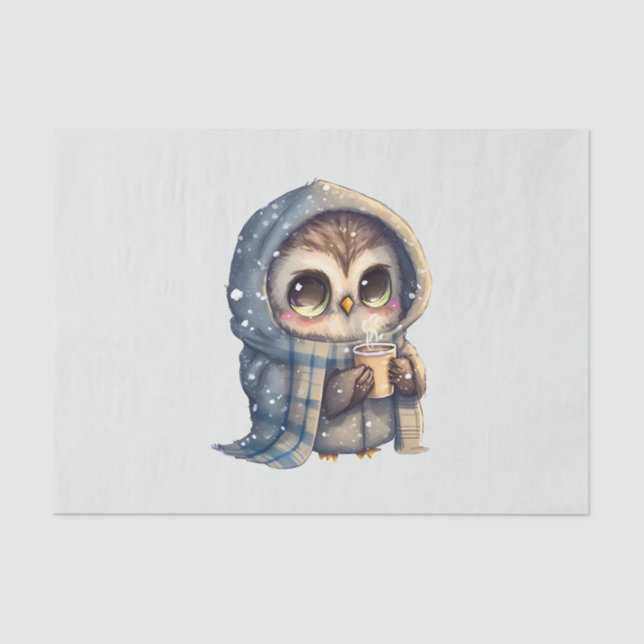 Cute Big-Eyed Owl Holding a Coffee Tissue Paper (Front)