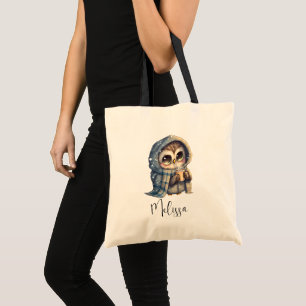 Cute Big-Eyed Owl Holding a Coffee Tote Bag