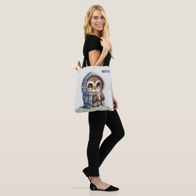 Cute Big-Eyed Owl Holding a Coffee Tote Bag (On Model)