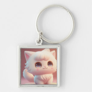 Cute Big Eyes Fluffy White Cat Key Ring