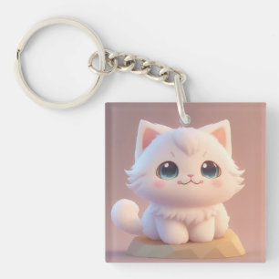 Cute Big Eyes Fluffy White Kitten Key Ring