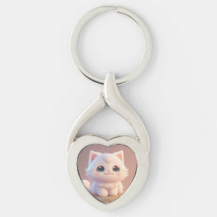 Cute Big Eyes Fluffy White Kitten Key Ring