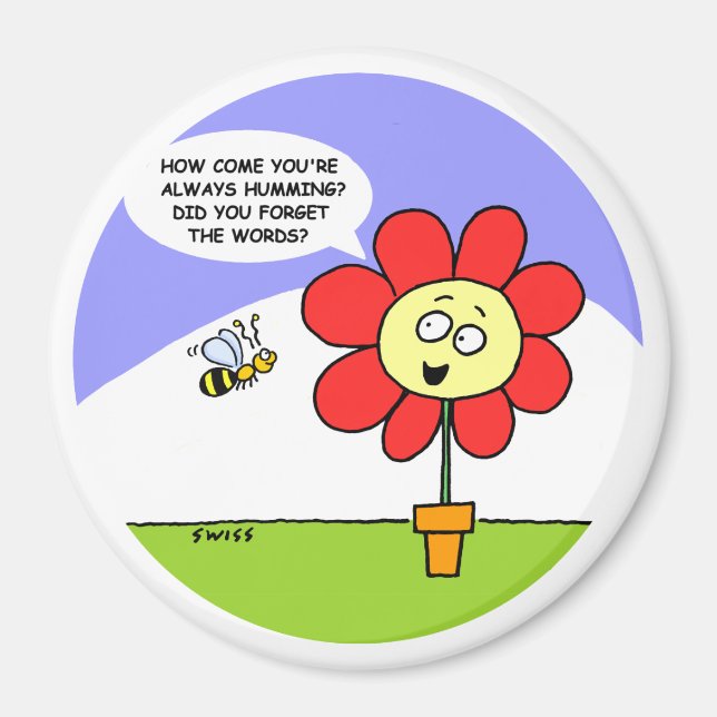 Cute Big Red Flower and Bee Cartoon Art Magnet (Front)