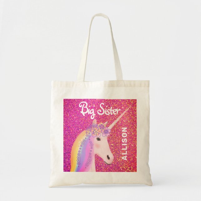 Cute Big Sister Unicorn Pink Glitter Personalised Tote Bag (Front)