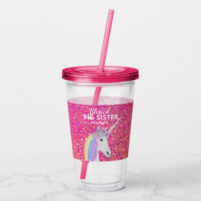 Cute Big Sister Unicorn Pink Glitter Personalized Acrylic Tumbler (Back)