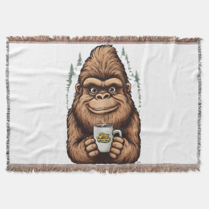 Cute Bigfoot Drinking Coffee  Funny Sasquatch  Throw Blanket