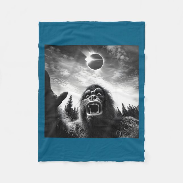 Cute Bigfoot Selfie Total Solar Eclipse Fleece Blanket (Front)