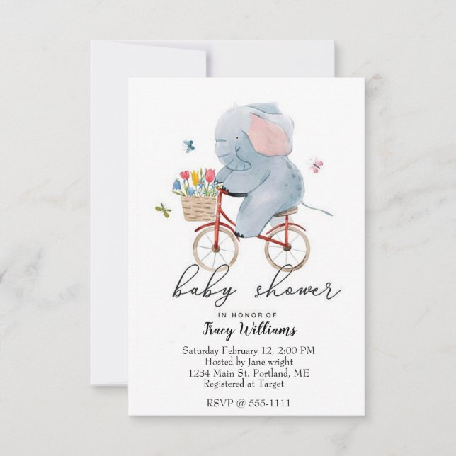 Cute bike riding elephant invitation (Front)