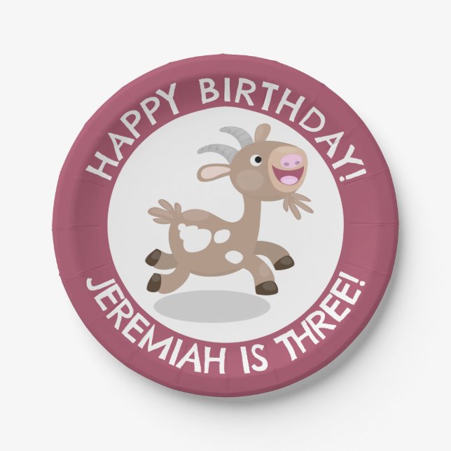 Cute billy goat cartoon personalised birthday paper plate (Front)