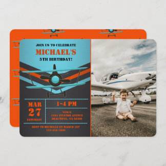 Cute Biplane Aviation Aeroplane Kids Photo Birthda Invitation