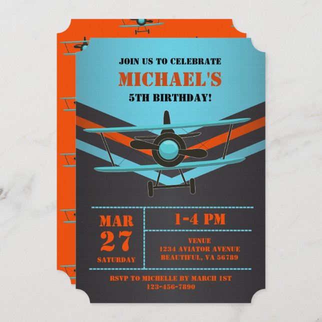 Cute Biplane Aviation Aeroplane Kids Pilot Birthda Invitation (Front/Back)