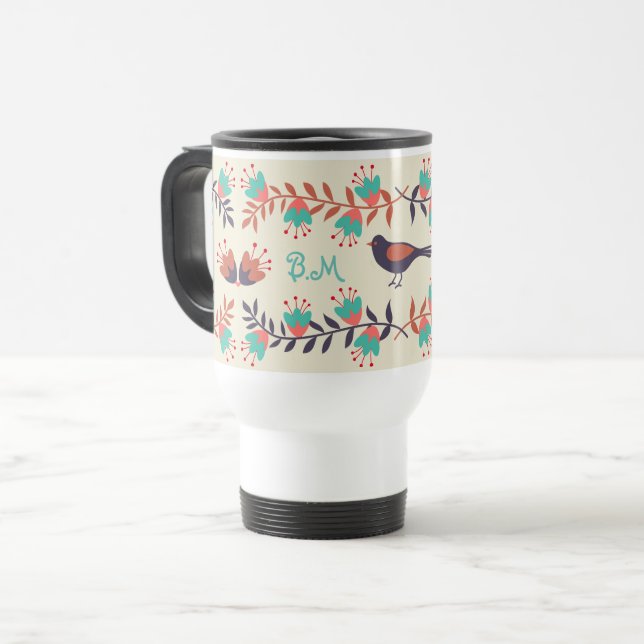 Cute Bird and Floral Folk Art Monogram Travel Mug (Front Left)