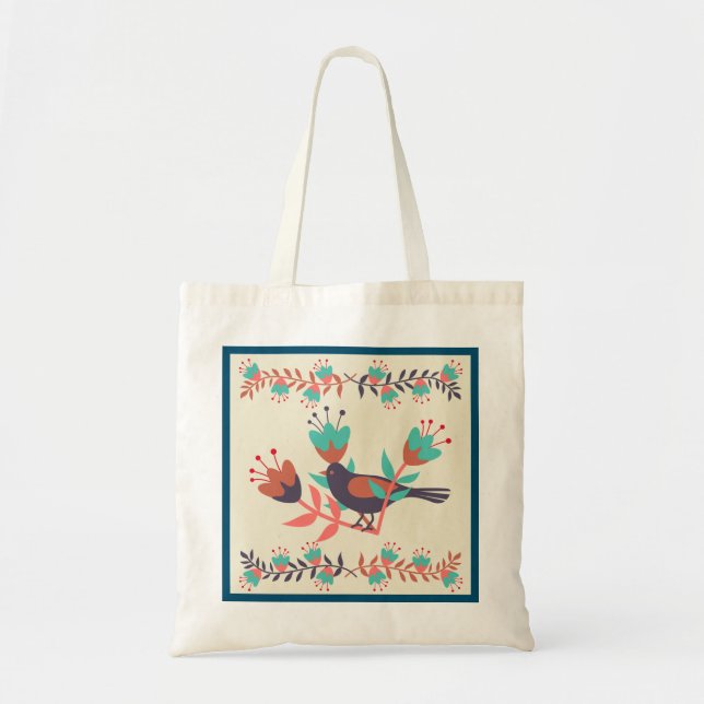 Cute Bird and Floral Folk Art Tote Bag (Front)