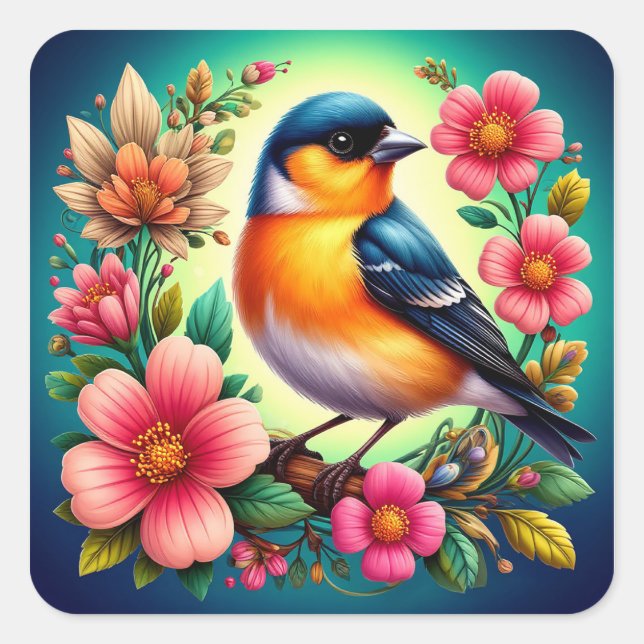 🌸 Cute Bird and Flowers Gift Idea Square Sticker (Front)