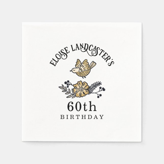 Cute Bird and Flowers Personalised Birthday Napkin (Front)
