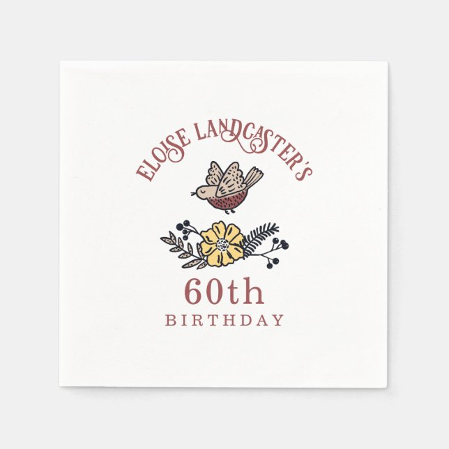 Cute Bird and Flowers Personalised Birthday Napkin (Front)