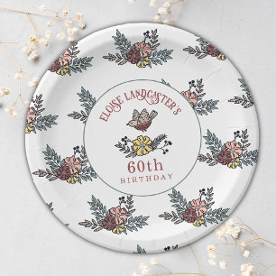 Cute Bird and Flowers Personalized 60th Birthday Paper Plate