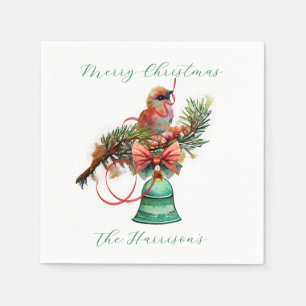 Cute Bird and Ribbon on a Branch with a Bell Napkin